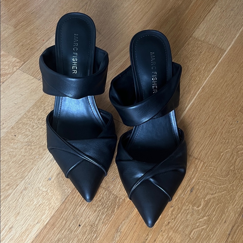 Marc Fisher Black Leather Pointed Mule with Twisted Straps